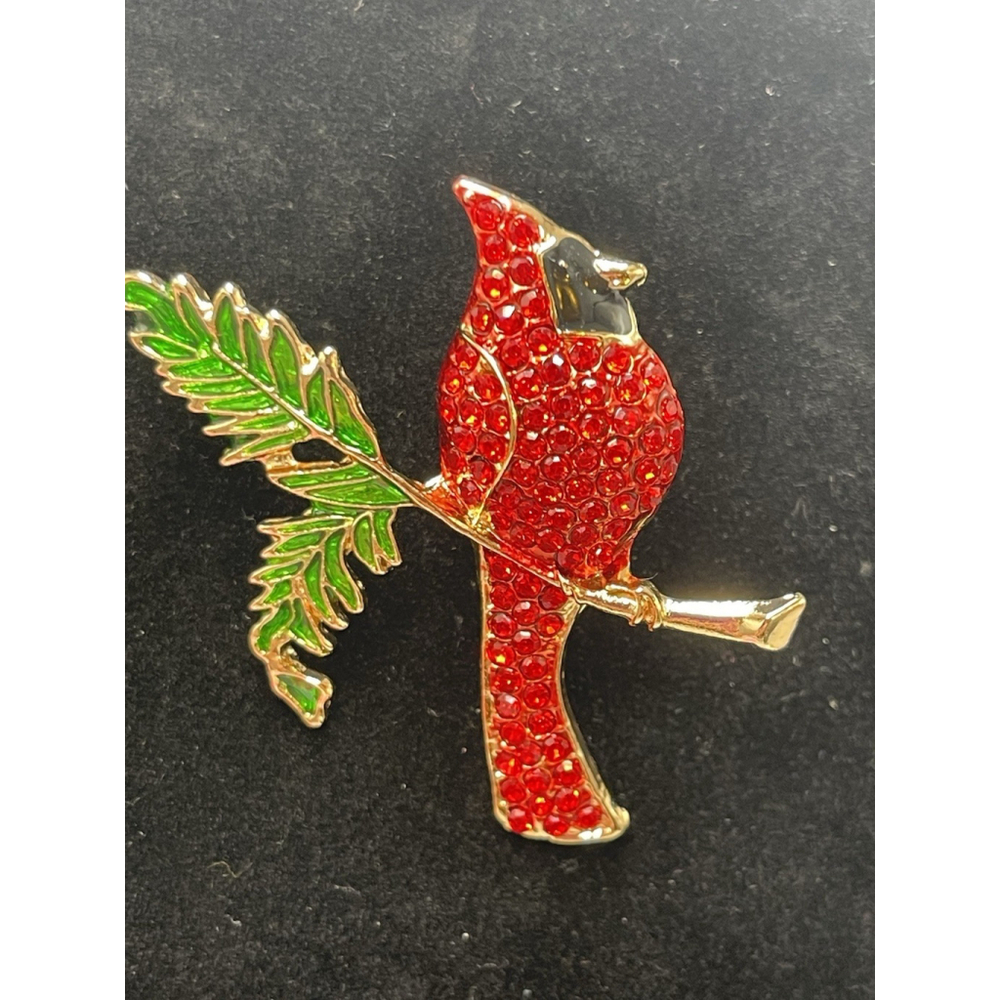 Cardinal Red Bird 0n Branch 2” Rhinestone Fashion Gold Tone Brooch Pin NWOT by